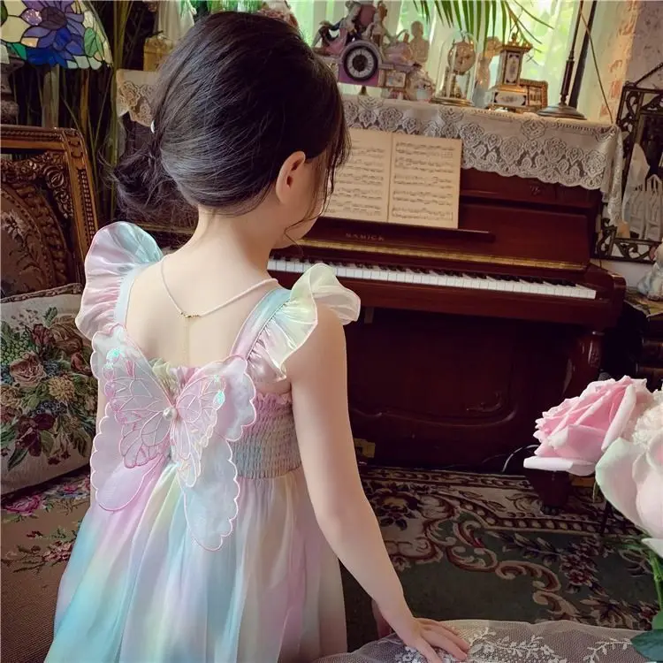 Summer Girs Sling Dress Kid Gradient RainbowTulle Butterfly Decoration Vestido Children Princess Birthday Party Princess Wedding