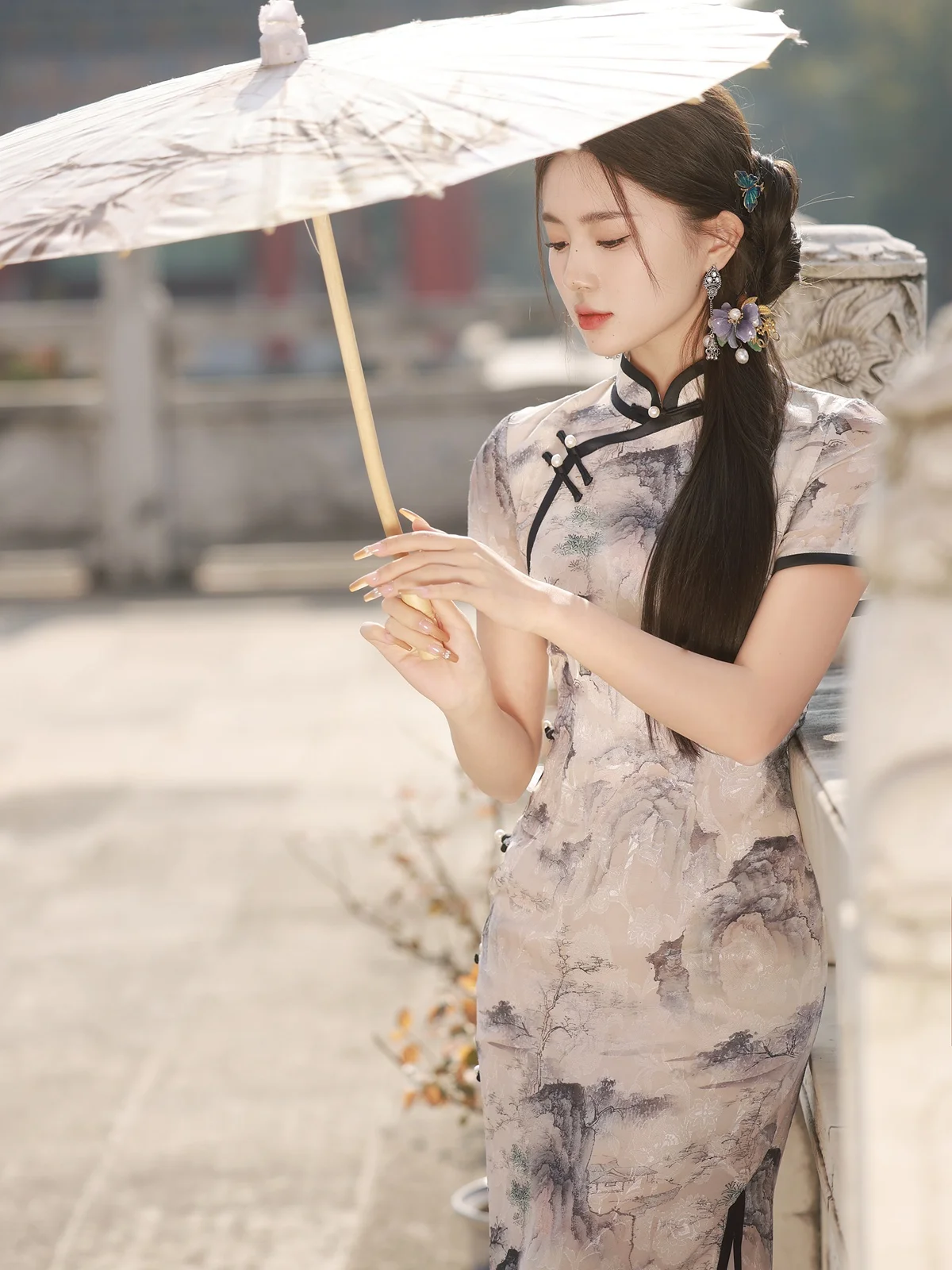 Young High-Grade Chiffon Cut Flower Short Sleeve Long Cheongsam Summer New Daily Slim Women's Chinese Style