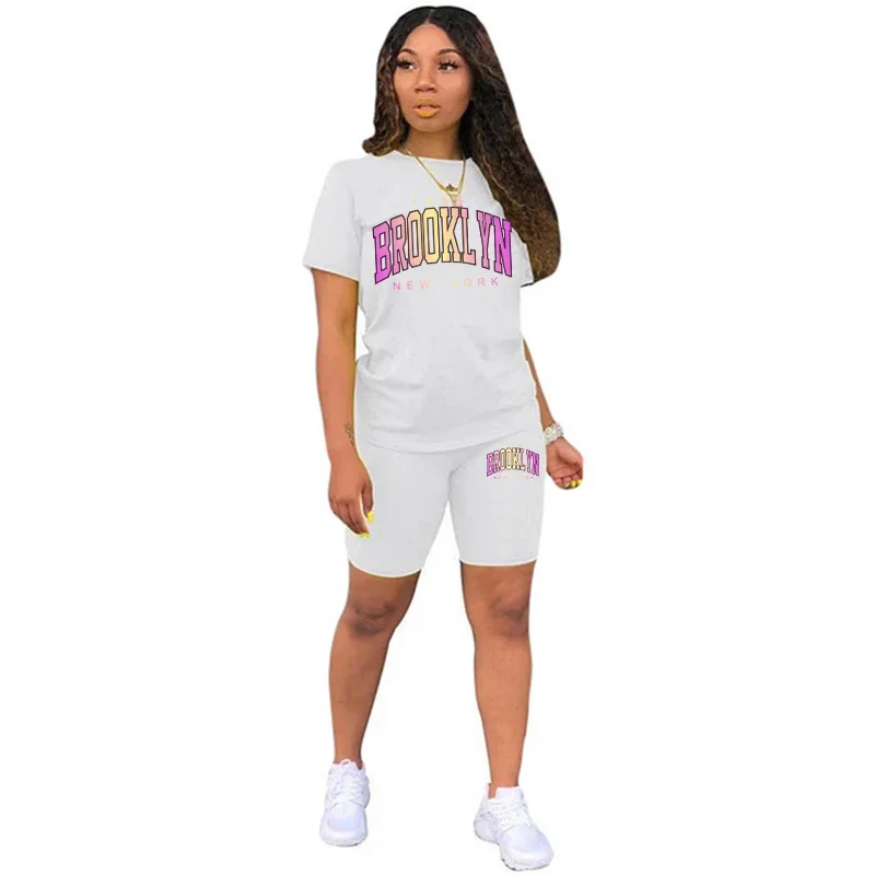 Mulheres terno curto cidade impressão verão 2 peça conjunto moda roupas de rua casual ginásio jogging esportes mulher curto camiseta outfits