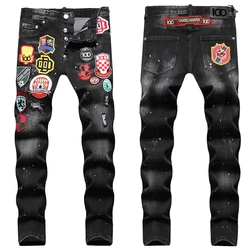 chareiharper plus size ds088 European and American fashion men's jeans street badge embroidery stretch hole slim slim straight