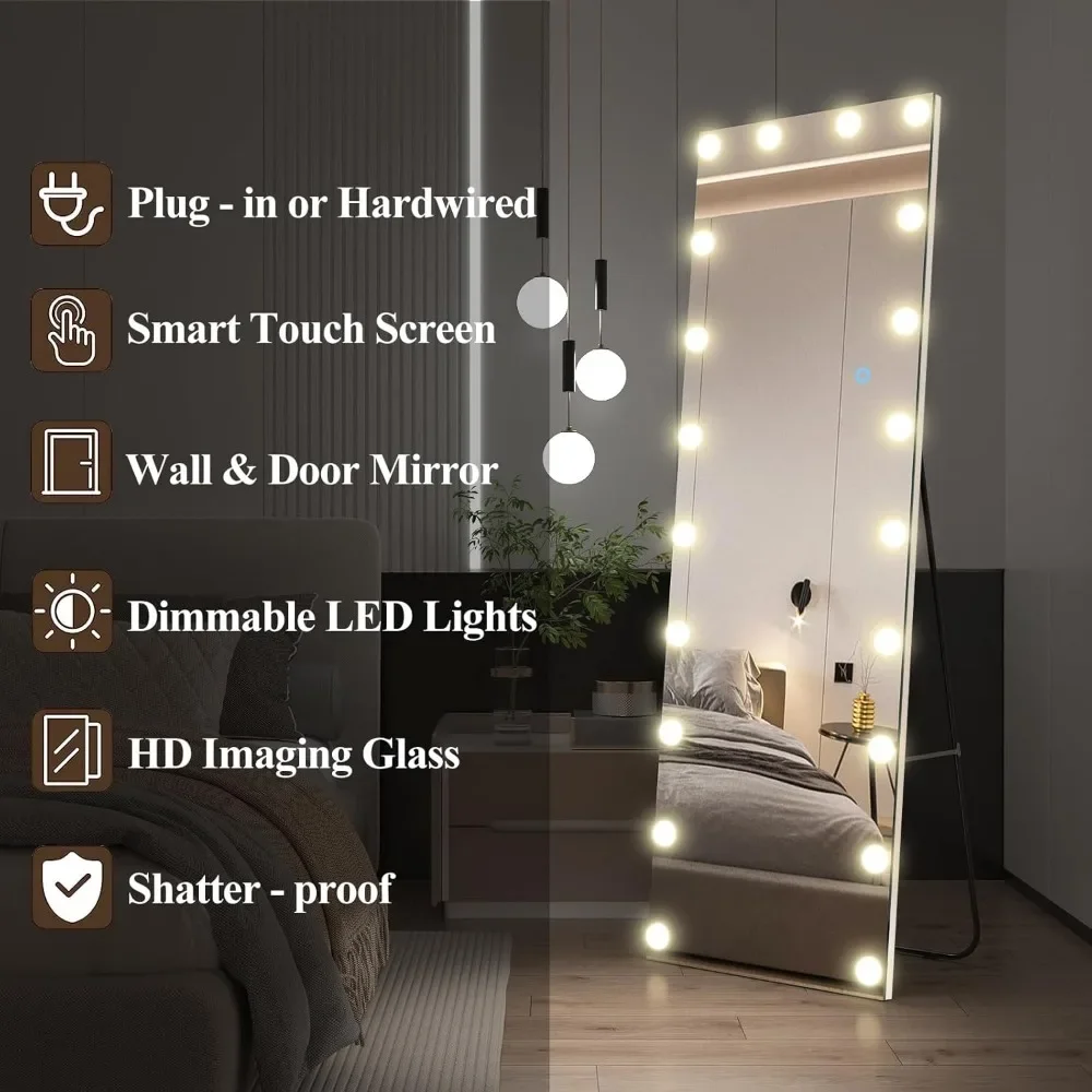 63"x20" Full Length Mirror with Lights, Wall Mounted Dressing Touch Control Mirror for Bedroom Living Room, Free Standing Mirror