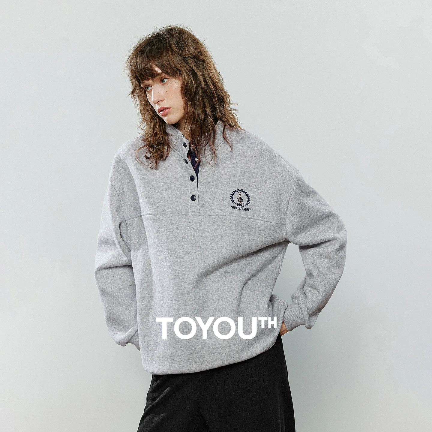 TOYOUTH Women Hoodies Sweatshirt 2025 Winter New Contrast Color Snap Button Stand Collar Rabbit Embroidery Warm Loose Tops