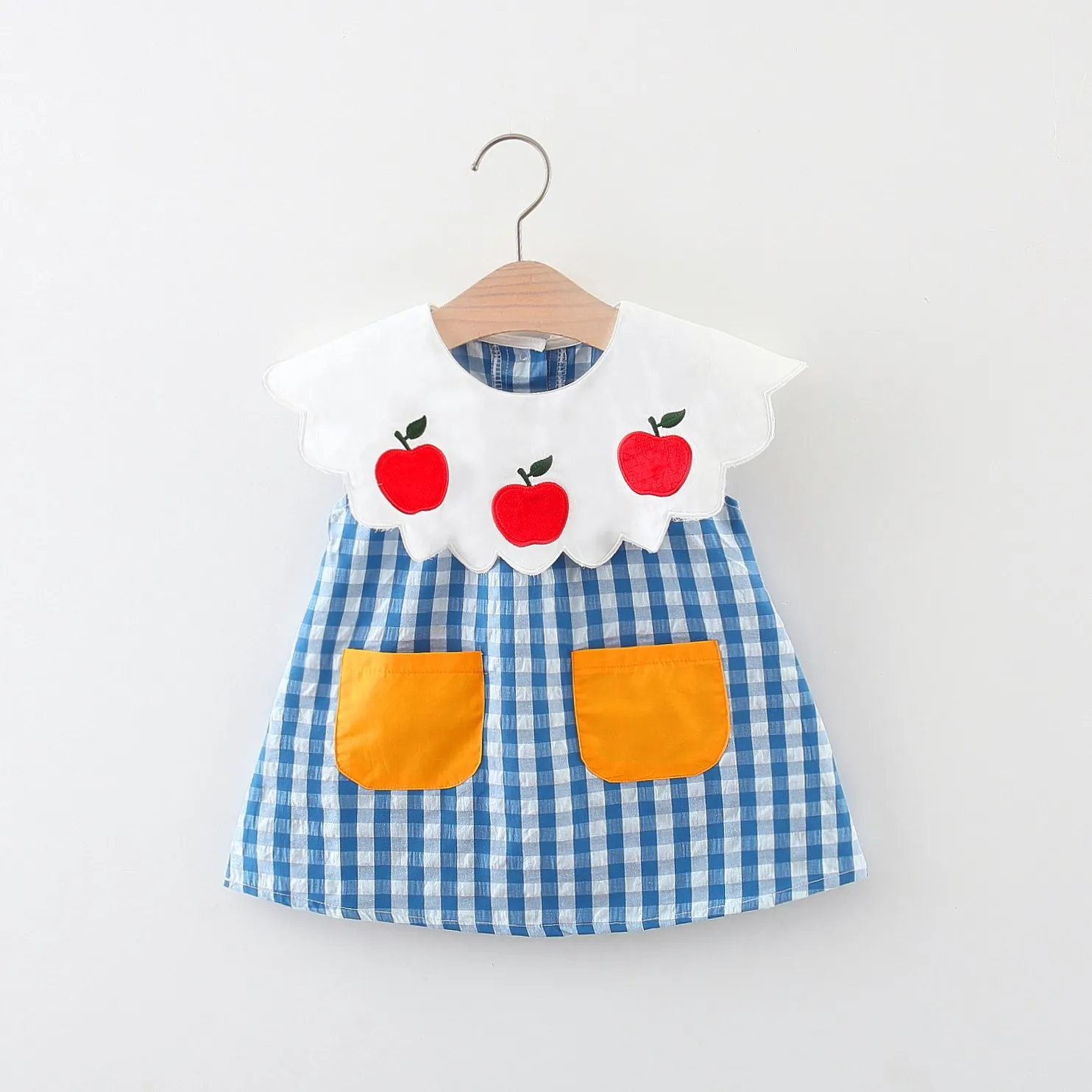 Summer New Baby Girls Dress Blue Plaid Apple Orange Pocket Wavy Collar Light Dress Pastoral Style Princess Dress