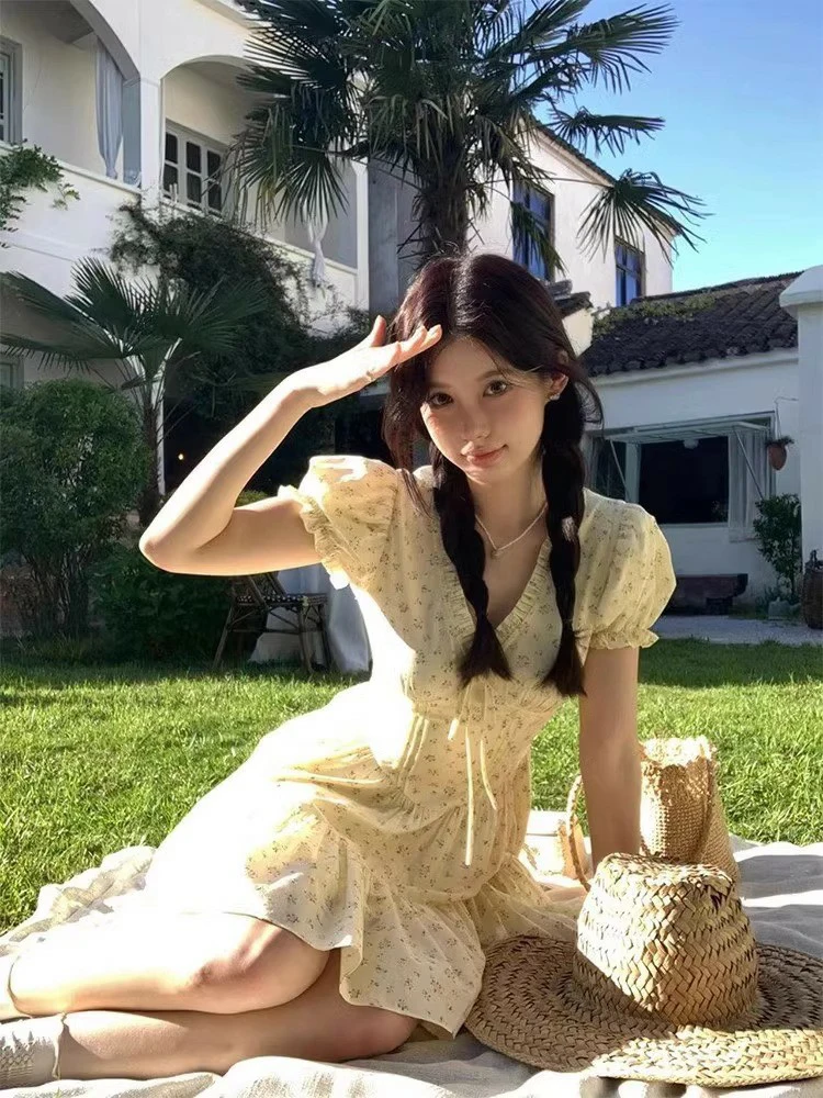 Vestidos de manga corta para mujer, quinceañera azul, primavera, satén, lazo, cintura fruncida, volantes, corte en A, fajas dulces, ajustado, bonito Kawaii