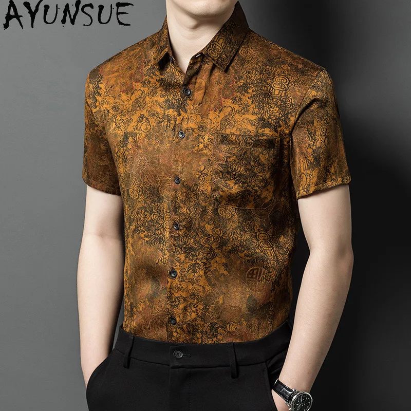 AYUNSUE 100% Mulberry Silk Shirt Man High Quality Real Gauze Silk Shirts for Men Clothing 2026 Casual Summer Tops Chemise Homme