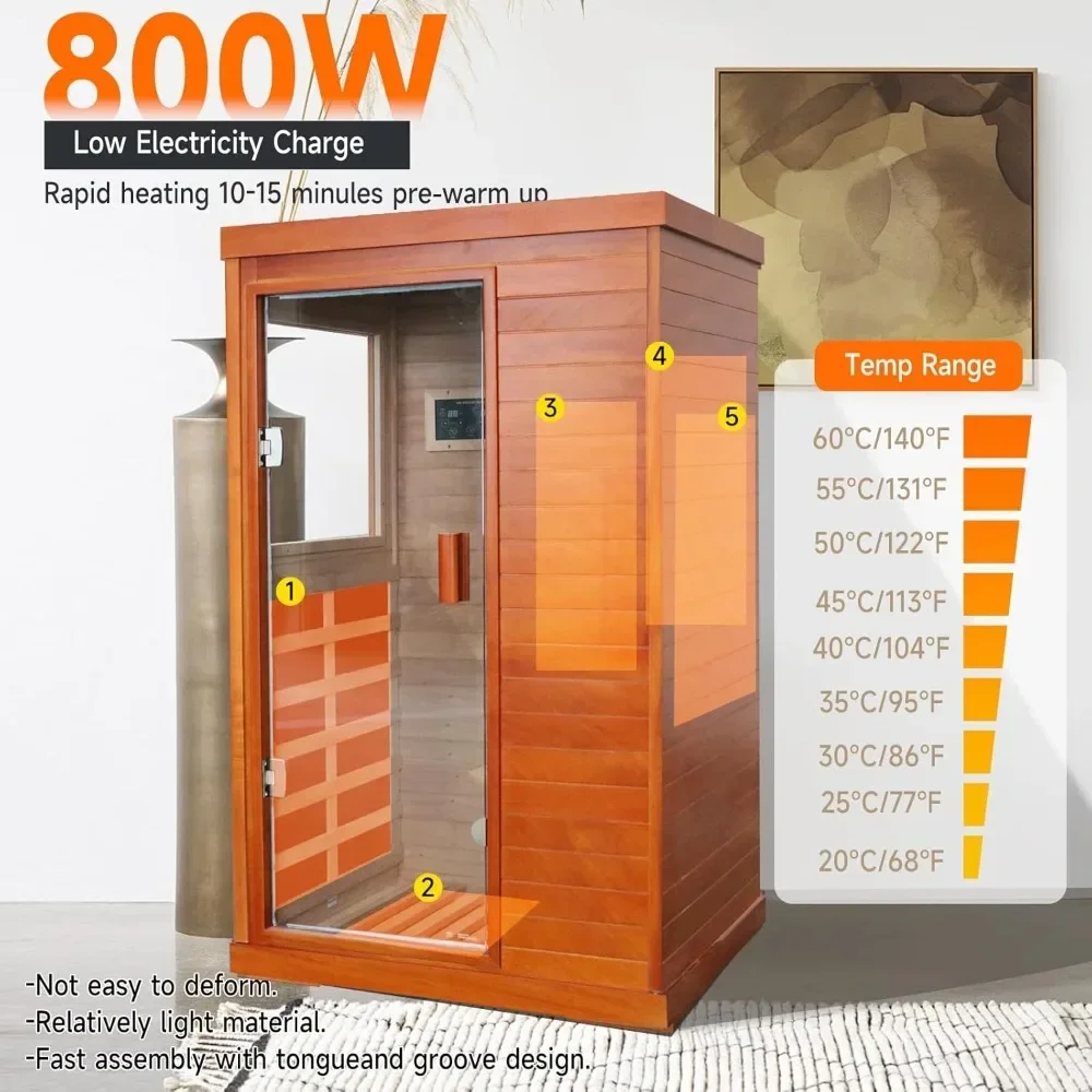 Sauna, Far Infrared Sauna Home Sauna Spa Room Low-EMF Wood Okoume 800W Indoor Saunas with Control Panel and Tempered Glass