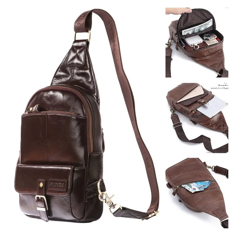 SUUTOOP Men's Chest Bag Genuine Leather Travel Shoulder Multifunction Cross Body Sling Messenger for Male Women Female