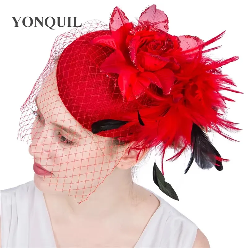 Noiva feminina casamento vermelho fascinator moda flor festa chapéu véu pena senhora noivas acessórios para o cabelo ano novo millinery presente