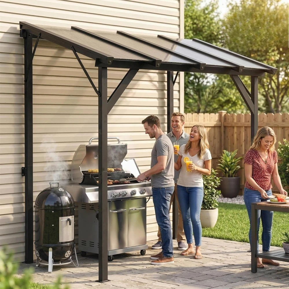 

8' x 5' Hardtop Grill Gazebo, Lean-to BBQ Gazebo Shelter, Wall-Mounted Pergola with Polycarbonate Roof and Steel, Customized