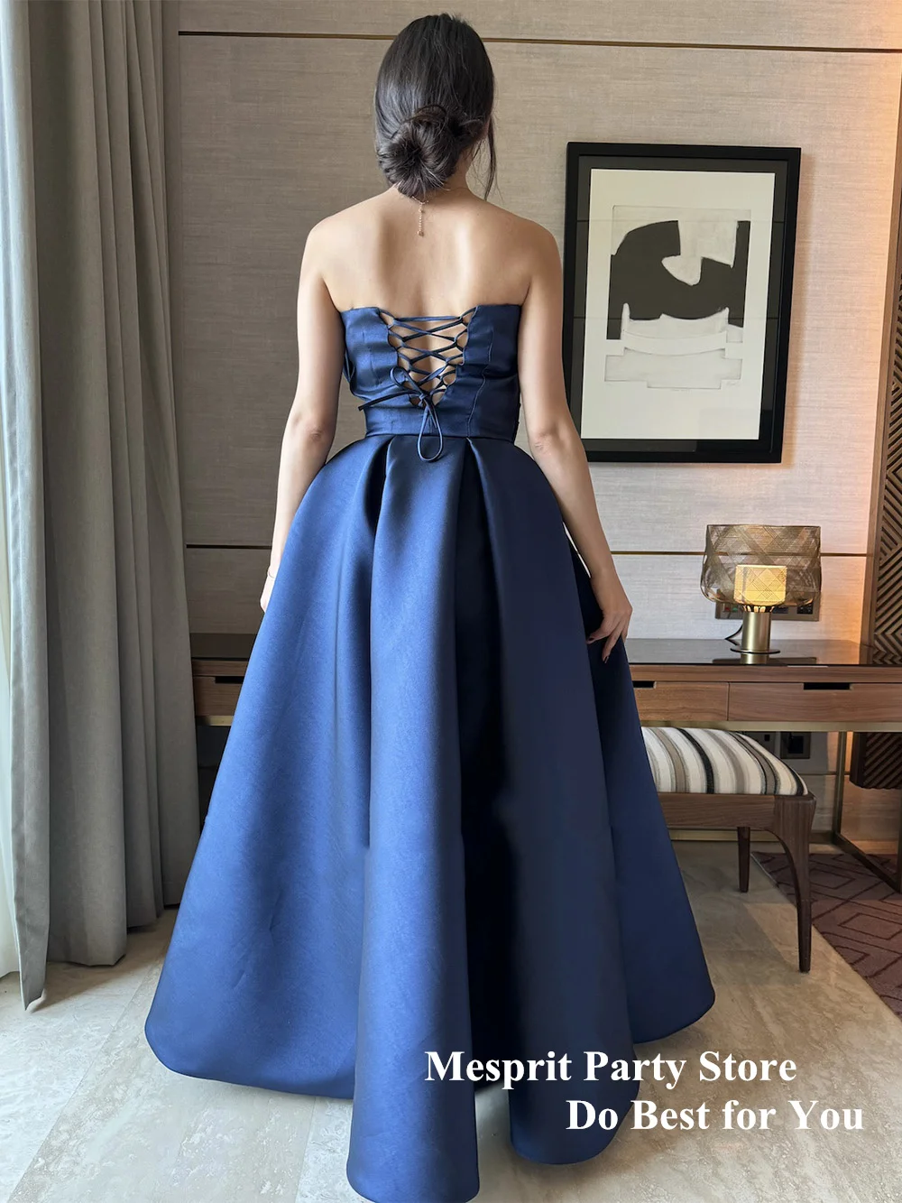 Dark Blue Prom Dress Corset Party Dresses Sweetheart Sleeveless Stone Bow Pleat Floor Length A Line Satin Saud Evening Gown