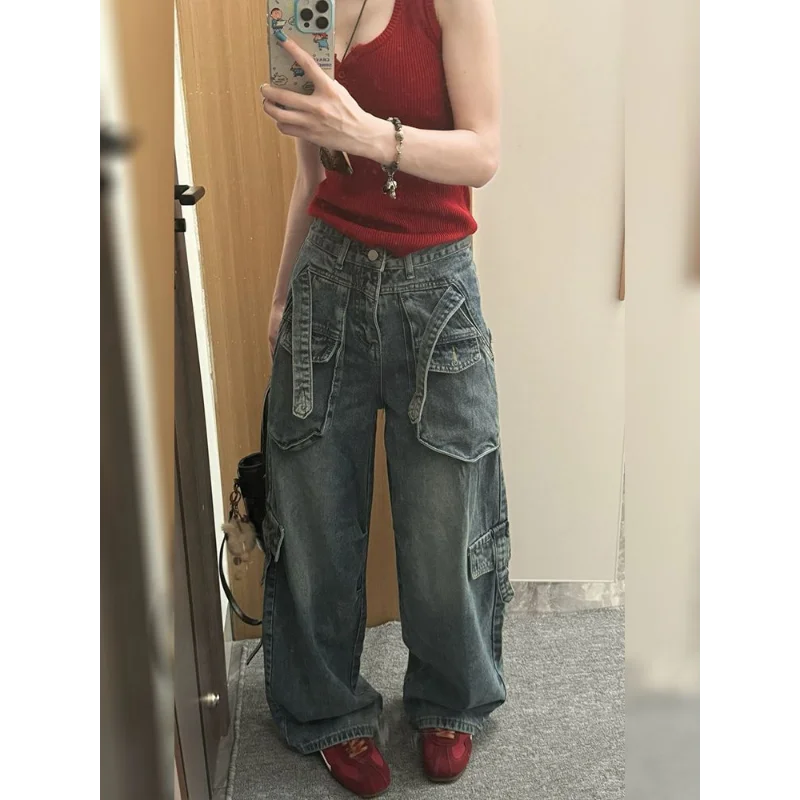 

American Heavy Industry Design Sense Multi-pocket Work Pants for Women Hot Girls Loose Lazy Style Floor Scimitar Pants