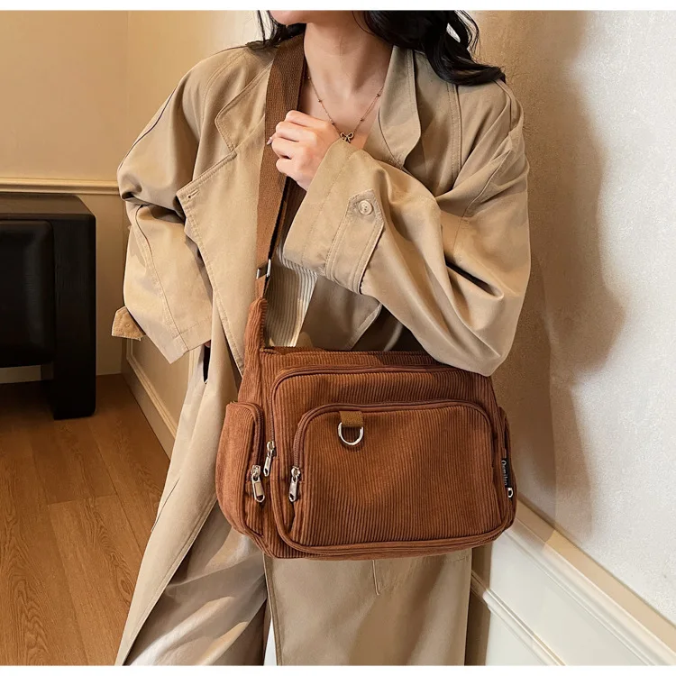 

Thickened striped corduroy large-capacity tote bag, multi-pocket single-shoulder bag, women's crossbody bag