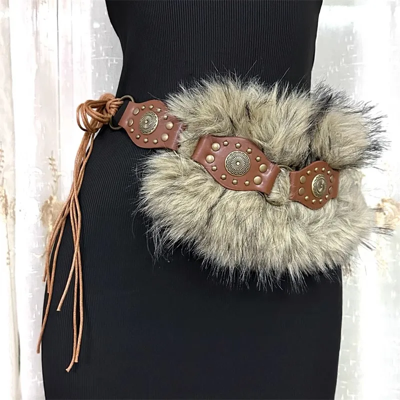 

Women's Fashion Faux Fur Patchwork Rivet PU Leather Corset Female Cummerbund Coat Waistband Dress Decration Wide Belt J1334