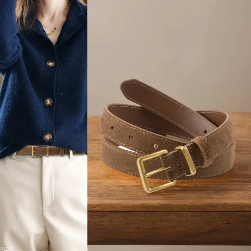 Luxury High-end Suede Frosted Leather Women's Belt Cowhide Retro High-end Feeling Paired with Skirt Jeans Casual Belt