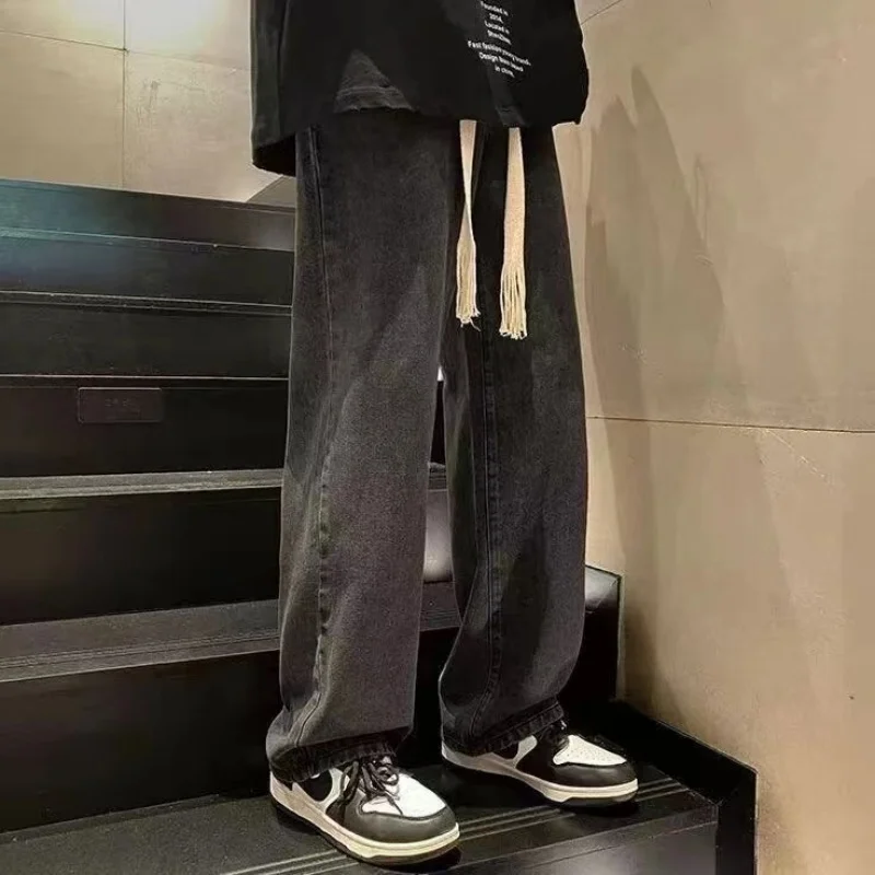 

Мужские свободные прямые широкие джинсы в корейском стиле длиной до пола, джинсы 2025осень-зима, модные универсальные повседневные брюки размера плюс 3XL