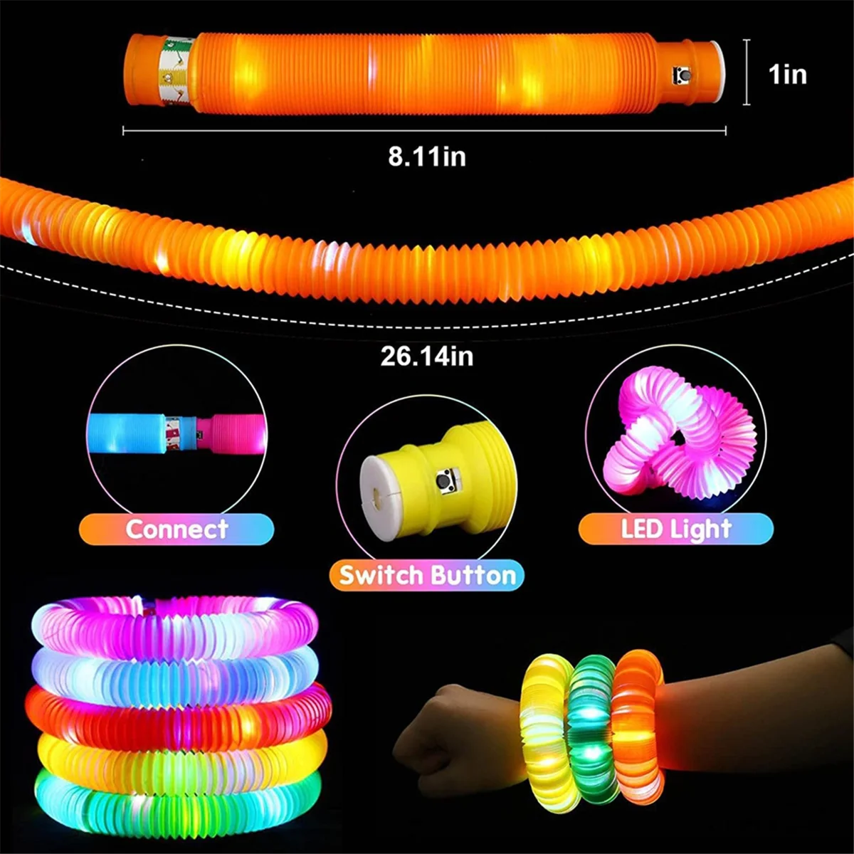 12PCS LED Flash Tube Sensory Toy Adult Stress Relief Toy Kids Plastic Corrugated Tube Squeeze Toy for Kids