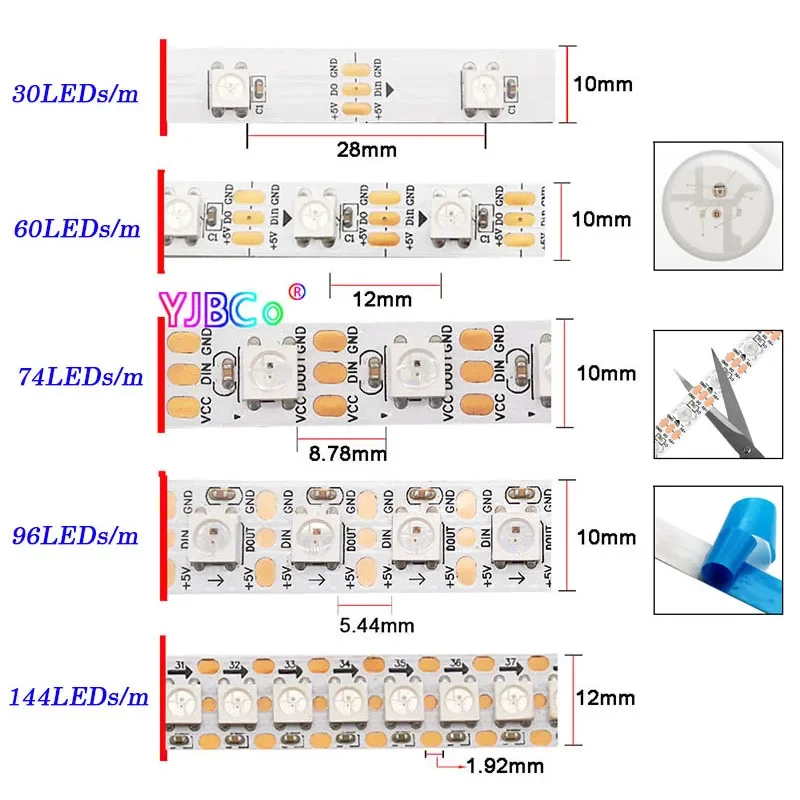 

5V DC WS2812B LED Strip addressable 30/60/74/96/144 leds/m WS2812 IC RGB pixels lamp bar WS2812B/M Smart Lights Tape IP30/65/67