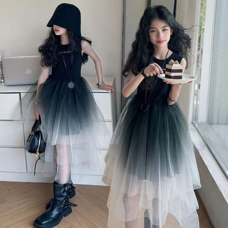 Girls Dress Children's Skirt Vest Skirt Summer Dress 2025 New Thin Gradual Change Color Long Dress Fashion Casual