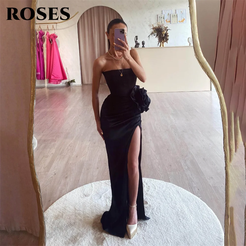 

ROSES Trumpet Black Evening Gown Elegant Stain 3D Flower Prom Dress Mermaid Wedding Evening Dress with Split robes de soirée