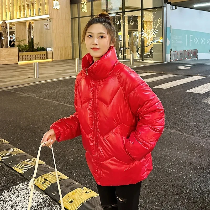 Women 2023 New Winter Color Loose Padded Jacket Bright Face Detachable Sleeves Hooded Stand-up Collar Down Bread Padded Jacket