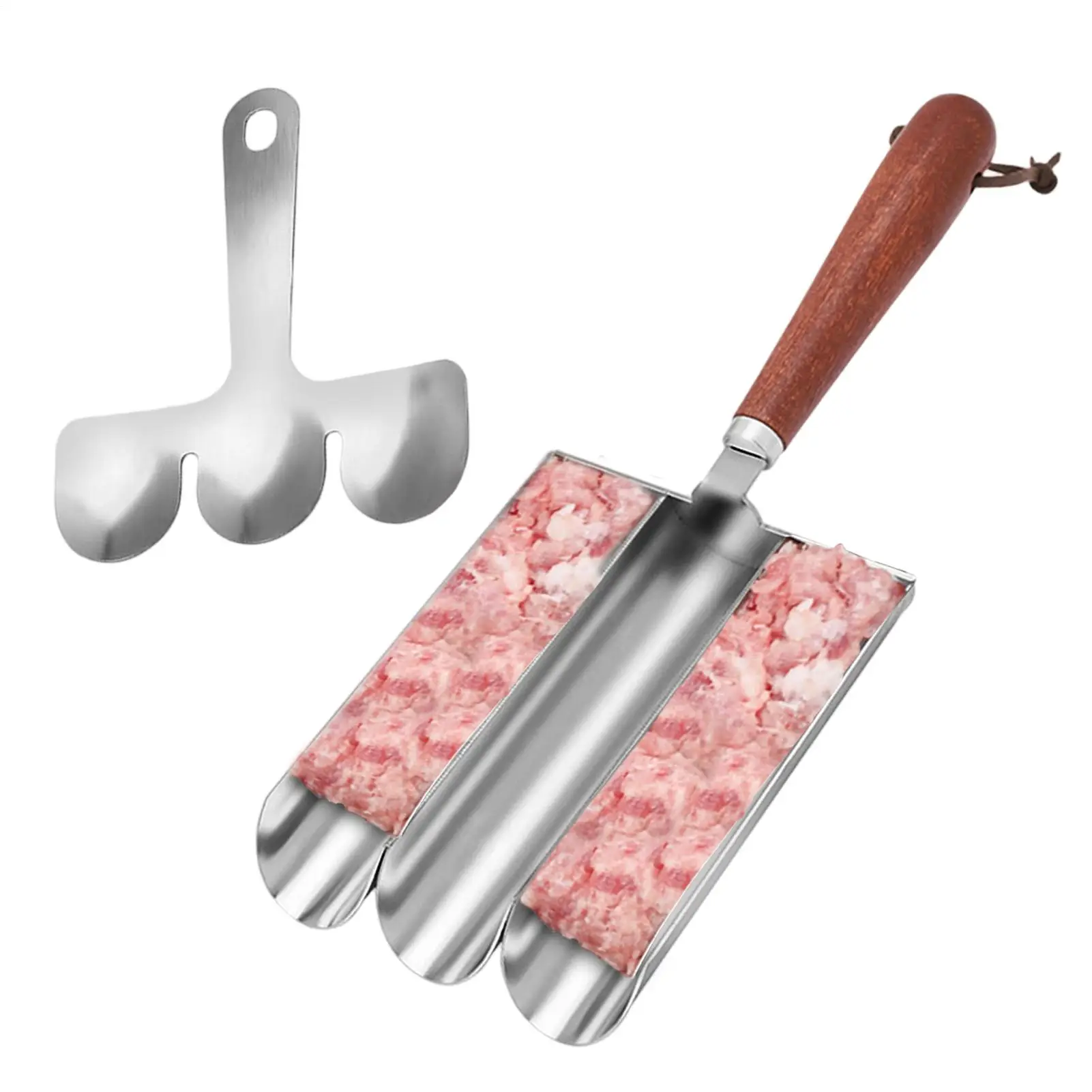 Meatball Maker Manual Stainless Steel Non Stick Cooking Tool Wood Handle Triple Meatball Maker Tool For Home Cooking Beef