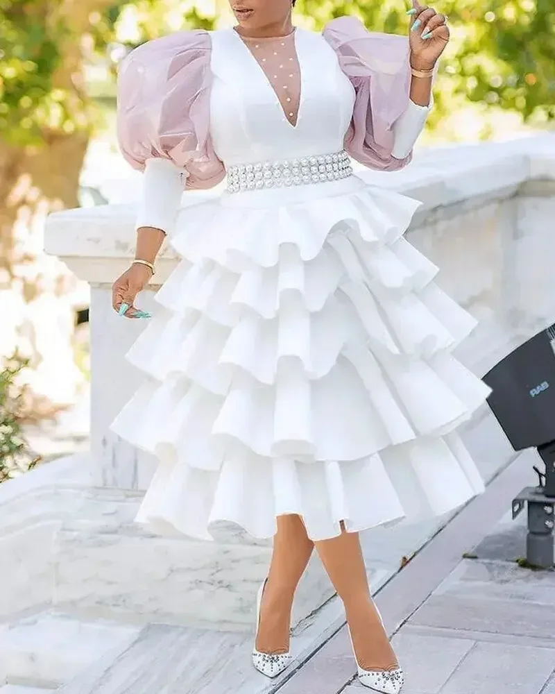 Women African Dress Vintage Puff Sleeve Cute Ruffle Tiered Layered Summer Spring Ladies Plus Size Party Club Mini Dresses White