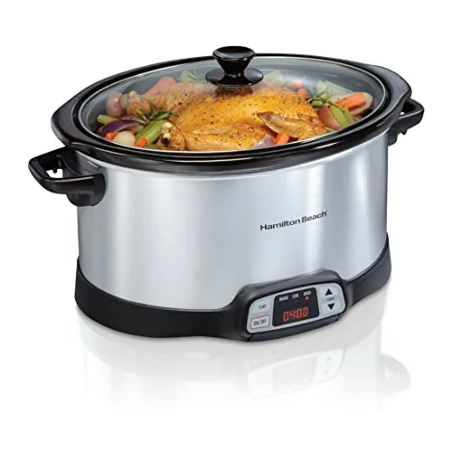 

8 Quart Programmable Slow Cooker with Three Temperature Settings Dishwasher Safe Crock and Lid Silver