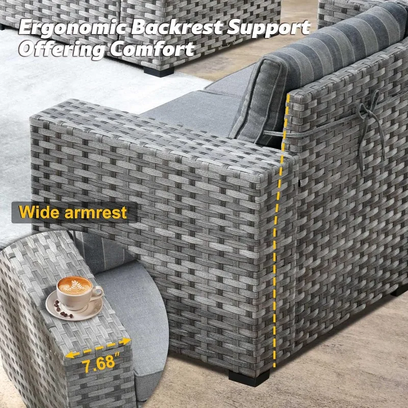 Tuinmeubelset, Patio Sectionele Bankstel Met Brede Armleuning En Diepe Zitting, Rotan Modulaire Conversatieset