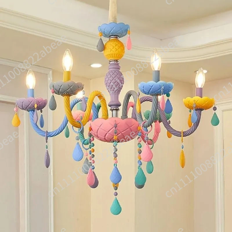 Romantic Rainbow Crystal Chandelier European Candle lustres Children's Makaron Modern Girl Princess Pendant Lamps Light Fixtures