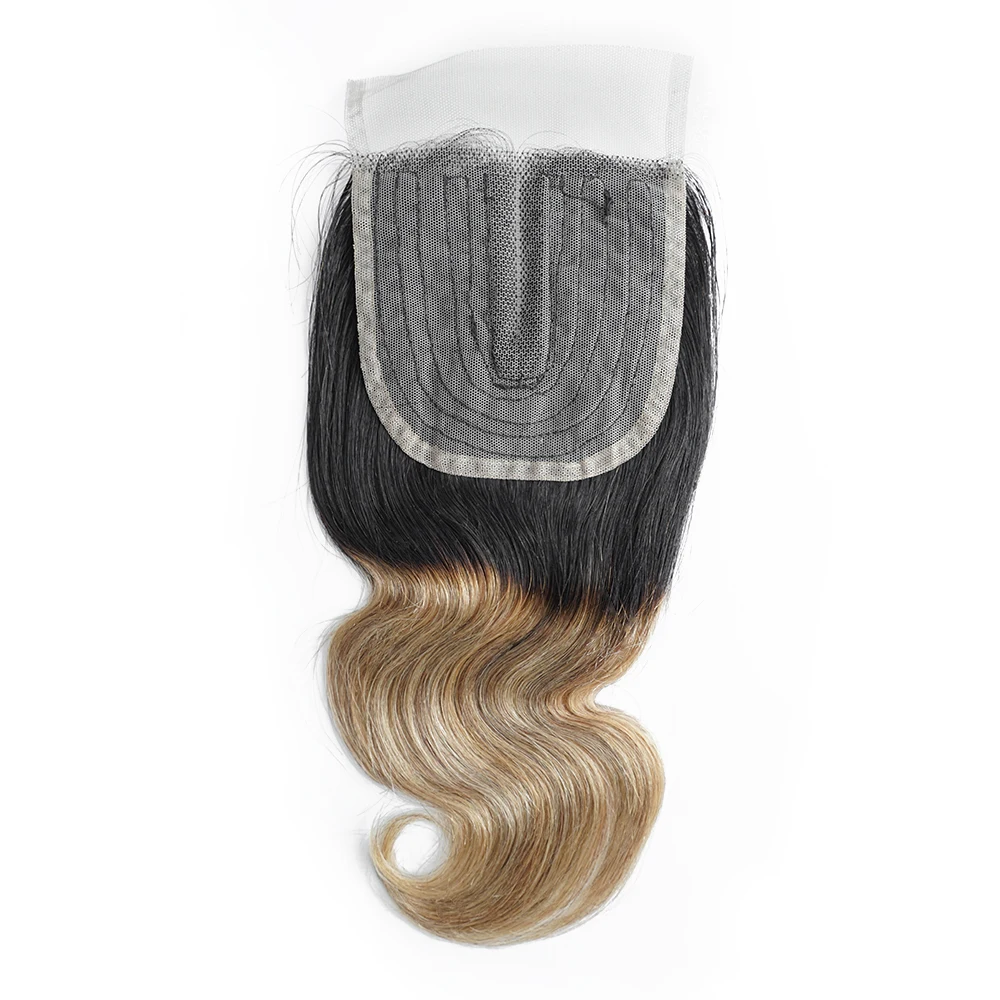 Cheveux humains indiens Remy Body Wave avec fermeture à lacet, blond miel ombré, partie centrale en dentelle suisse, document naturel, brun clair, 4*1 T