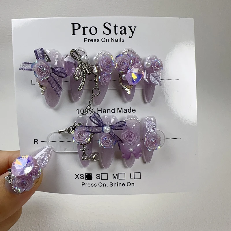 10Pcs High Quality Y2K Handmade Press On Nails Black pink Sweet Cool Style Butterfly And Flowers Wearable Artificial False Nail