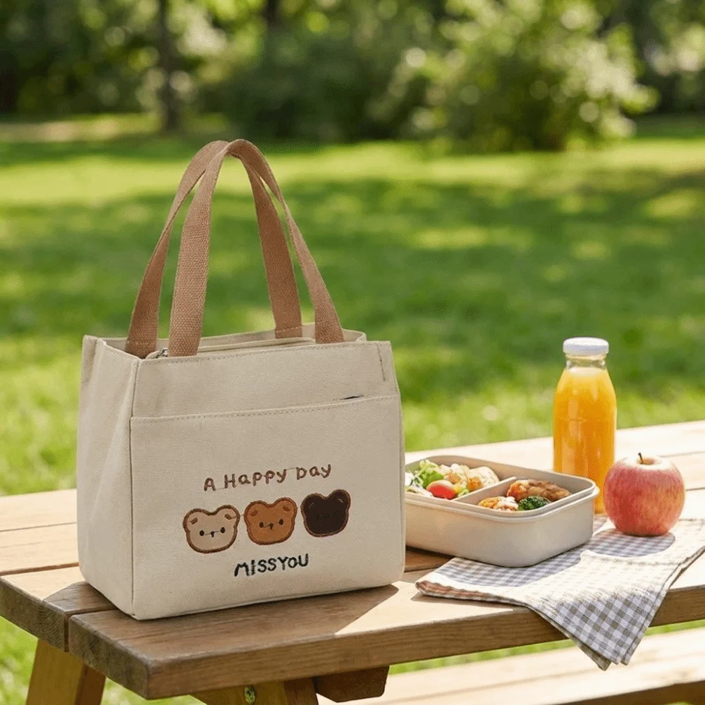 All-Match Cute 3 Bears Embroidery Tote Bag Large Capacity Zipper Closure Storage Pouch Lightweight Reusable Handbag School