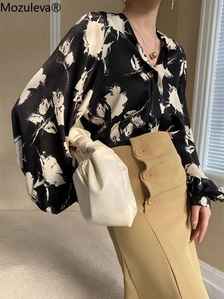 Mozuleva 2023 Loose Single-breasted Female Satin Shirts Tops Spring Summer Chinese Style Ink Printed Lantern Sleeve Women Blouse