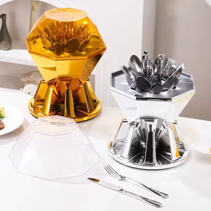 Gold Chrome Faceted Stand Diamond Cutting Tableware Set with Transparent Cover Fork Spoon for Wedding Catering Banquet