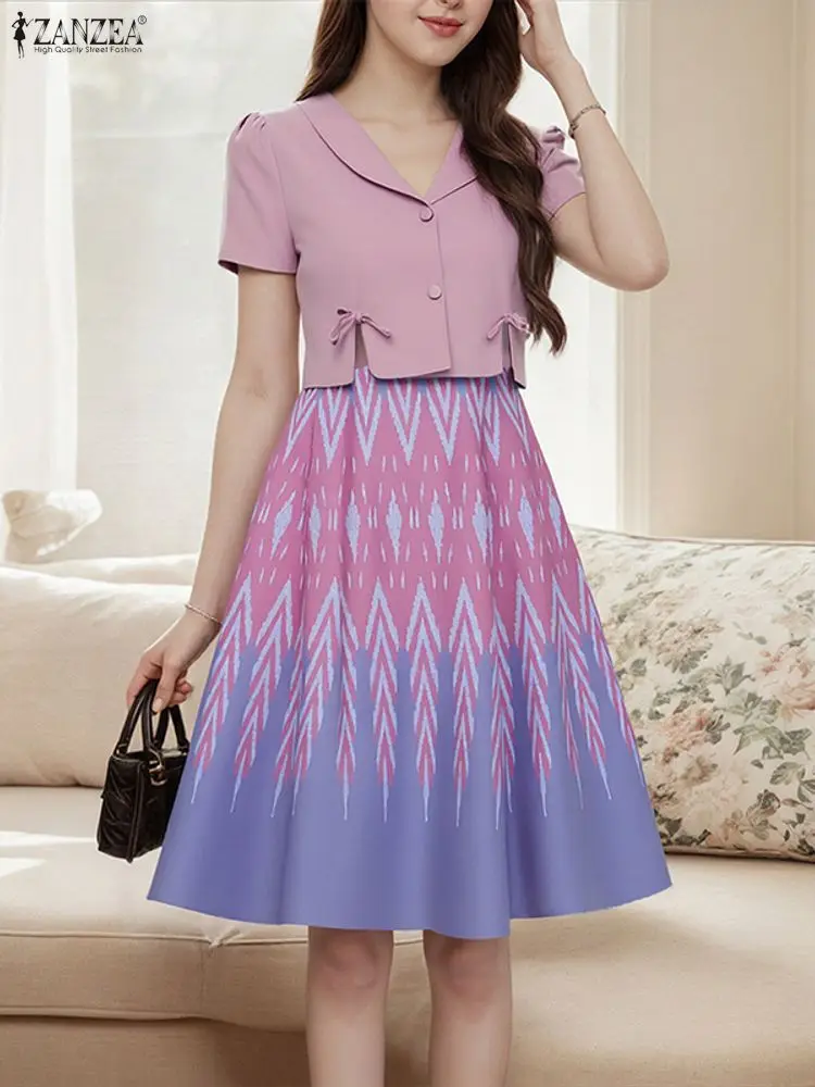 

ZANZEA French Style Elegant Knee-Length Dress 2025 Vintage Short Sleeve Office Printed Sundress Fashion Robe Casual Vestidos