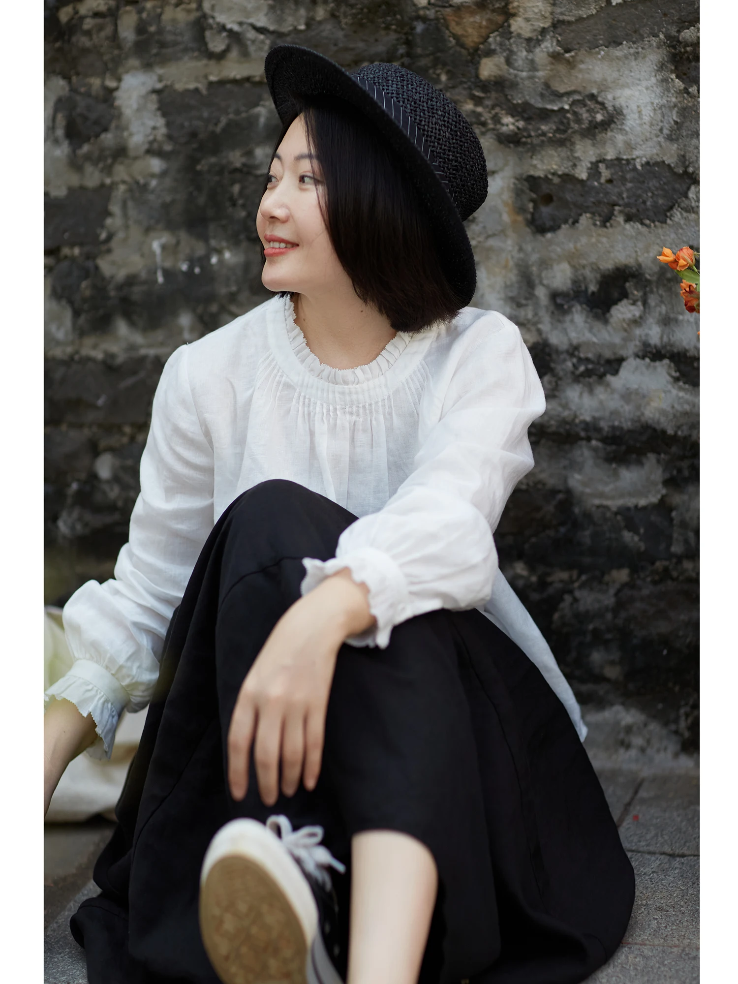 

C2073 Женская льняная блузка Town S Spring 4 с кружевным воротником, длинным рукавом, приталенного кроя, для повседневной носки, с круглым вырезом