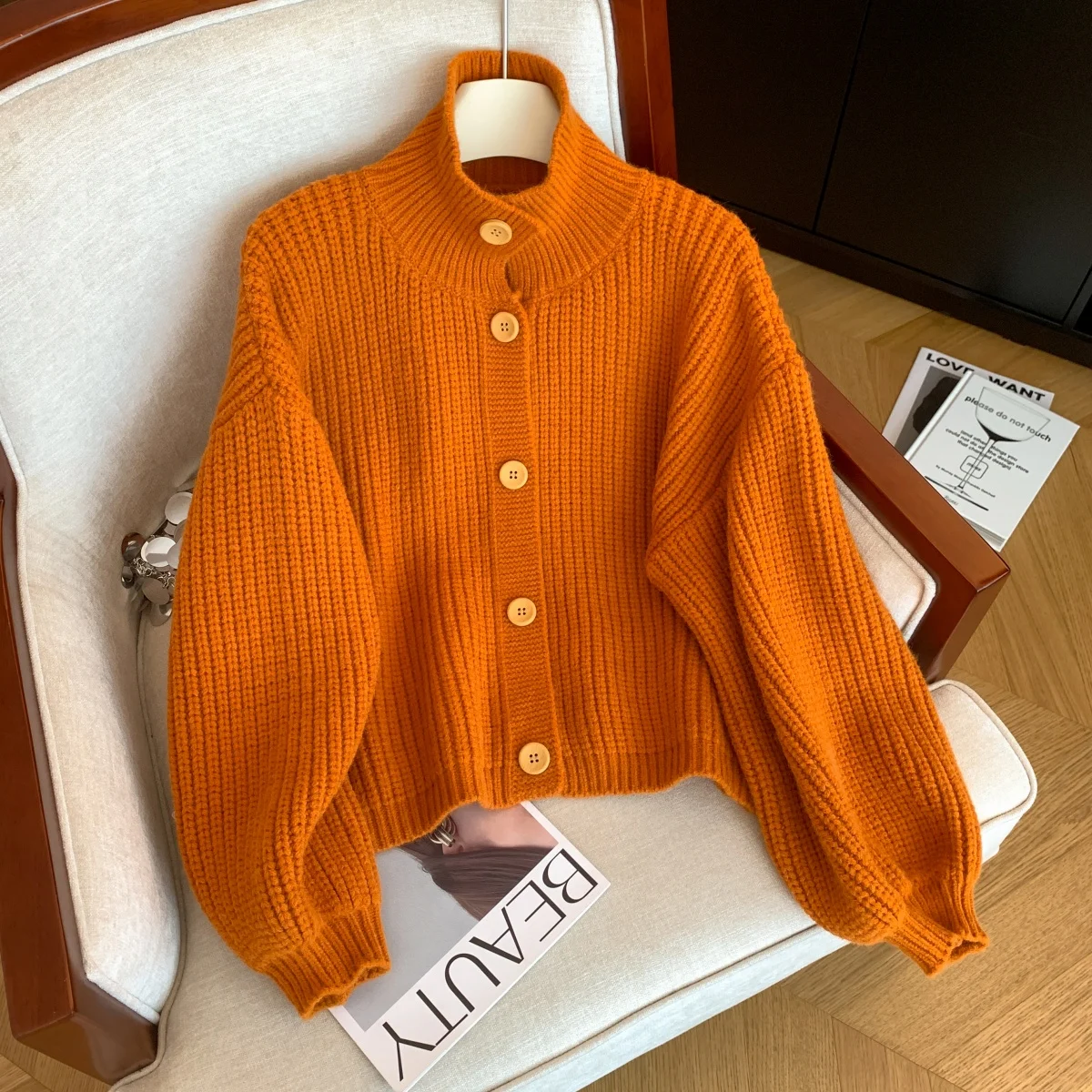 

Женский оранжевый кардиган-свитер Y2k, винтажный элегантный теплый толстый джемпер 2000-х годов, вязаный кашемировый свитер с длинными рукавами, осень-зима