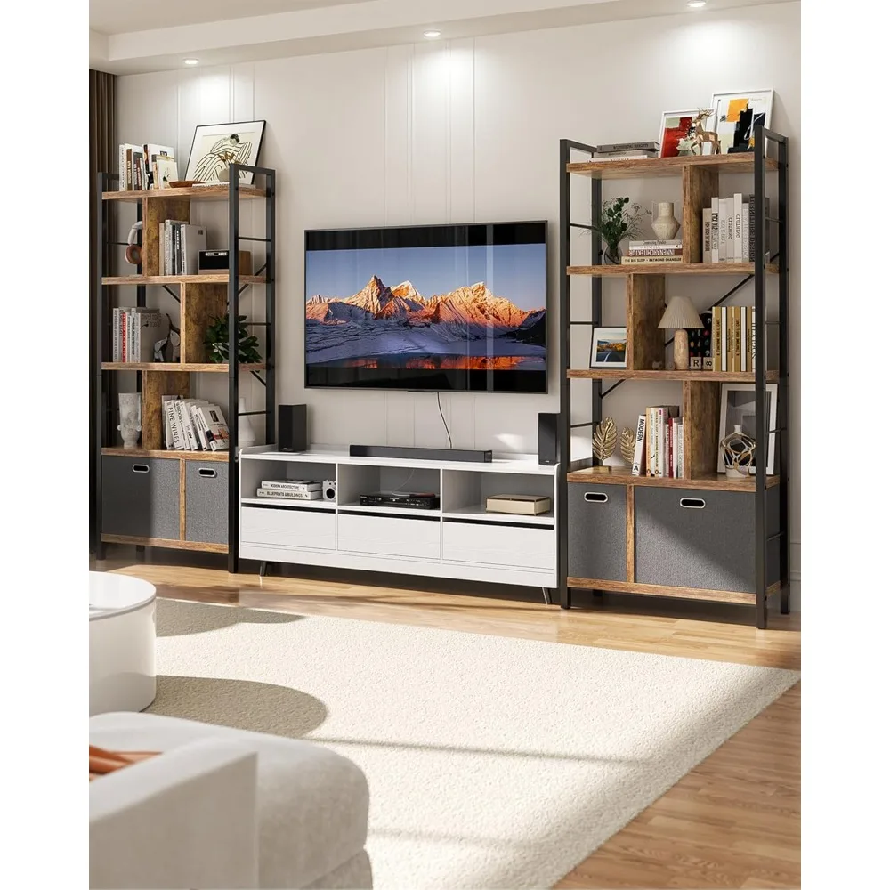 

High Quality Bookshelf with Drawers - 5 Tier Tall Bookcase Geometric Modern Book Shelf Display Standing Bookshelves
