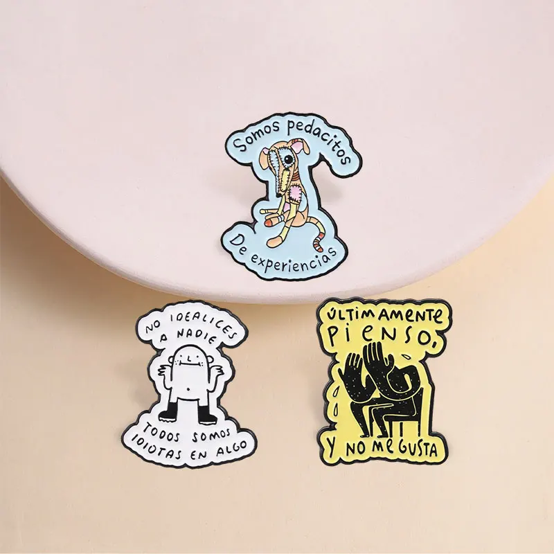 Mental Health Quotes Enamel Pins Spanish Latino Anxiety Phrases Cartoon Patch Dog Brooches Lapel Badge Jewelry Gifts for Friends