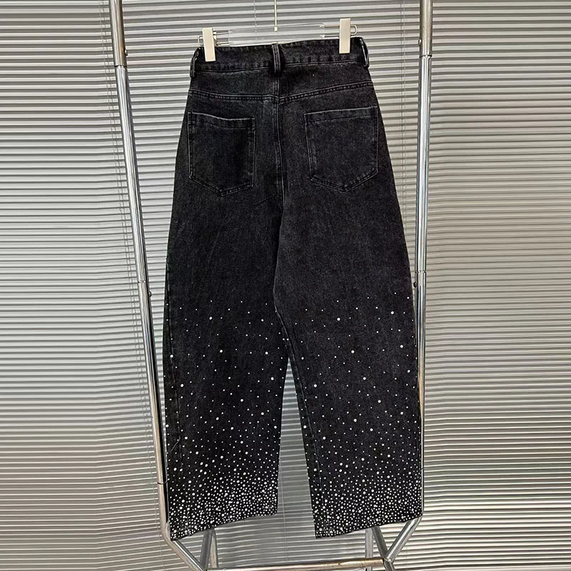 KBQ Slimming Spliced Diamonds Solid Denim Pants For Women High Waist Spring Straight Temperament Trousers Female Fashion Style