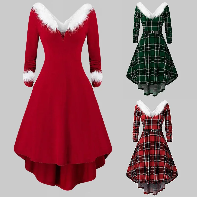 Women's 3 Autumn/Winter New Fashion and Elegant Christmas Long Sleeve V-Neck Plush High Low Swing Dress