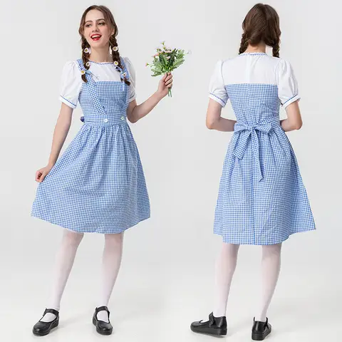 Adult Wizard Of Oz Dorothy Cosplay Costume Lady Blue White Plaid Alice Princess Dress Traditional Oktoberfest Dirndl Maid Outfit
