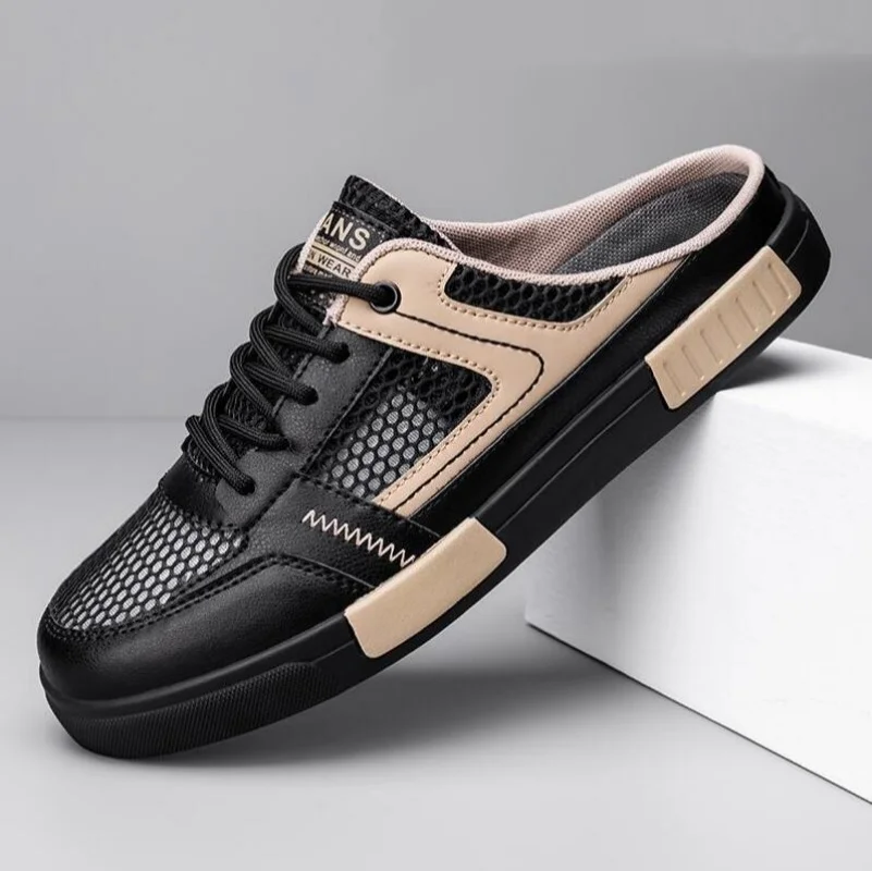 Herren-Halbpantoffeln, neue Mesh-Plateauschuhe, Größe 47, geruchshemmend, dicke Sohle, Oversized, Schwarz, Ein-Fuß-Freizeitschuhe_voghion.com