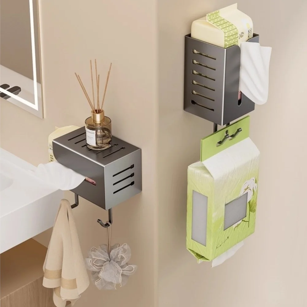 Mountable Bathroom Paper Holder No Drill Wall Mount for Kitchen Towel Facial Storage Carbon Steel 10.8x10.8x15cm
