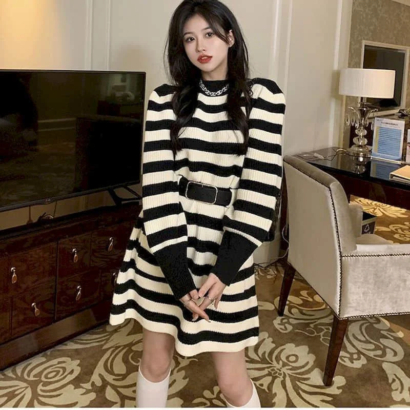 

Knitted Dresses Striped Design Vintage Casual Belt Waisted Long Sleeve O-neck Korean Style Knee-length Dress for Women Clothing