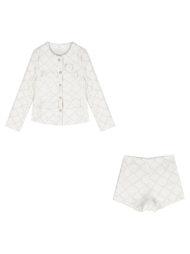 2025 Autumn New Arrival Pearls Buckles Floral Pin Plaid Tweed Blazer Coat Slim Shorts Elegant And Ladylike Two Piece Set