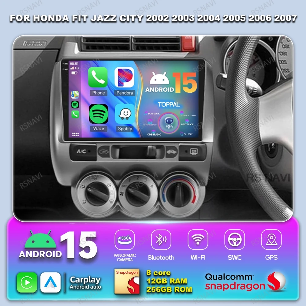

Автомобильное радио Android 15 для Honda Fit Jazz 2007-2014, головное устройство, авторадио DVD BT, навигация 4G LTE, беспроводной Carplay Auto QLED GPS