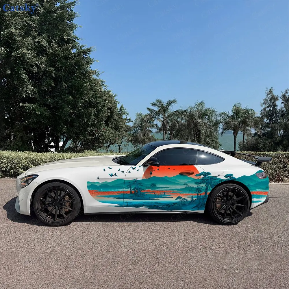 

2pcs River Sky Wild Goose Crossing, Durable, Fade-resistant, Enhance Vehicle Aesthetics With Bold Artistic Design Car Vinyl Wrap