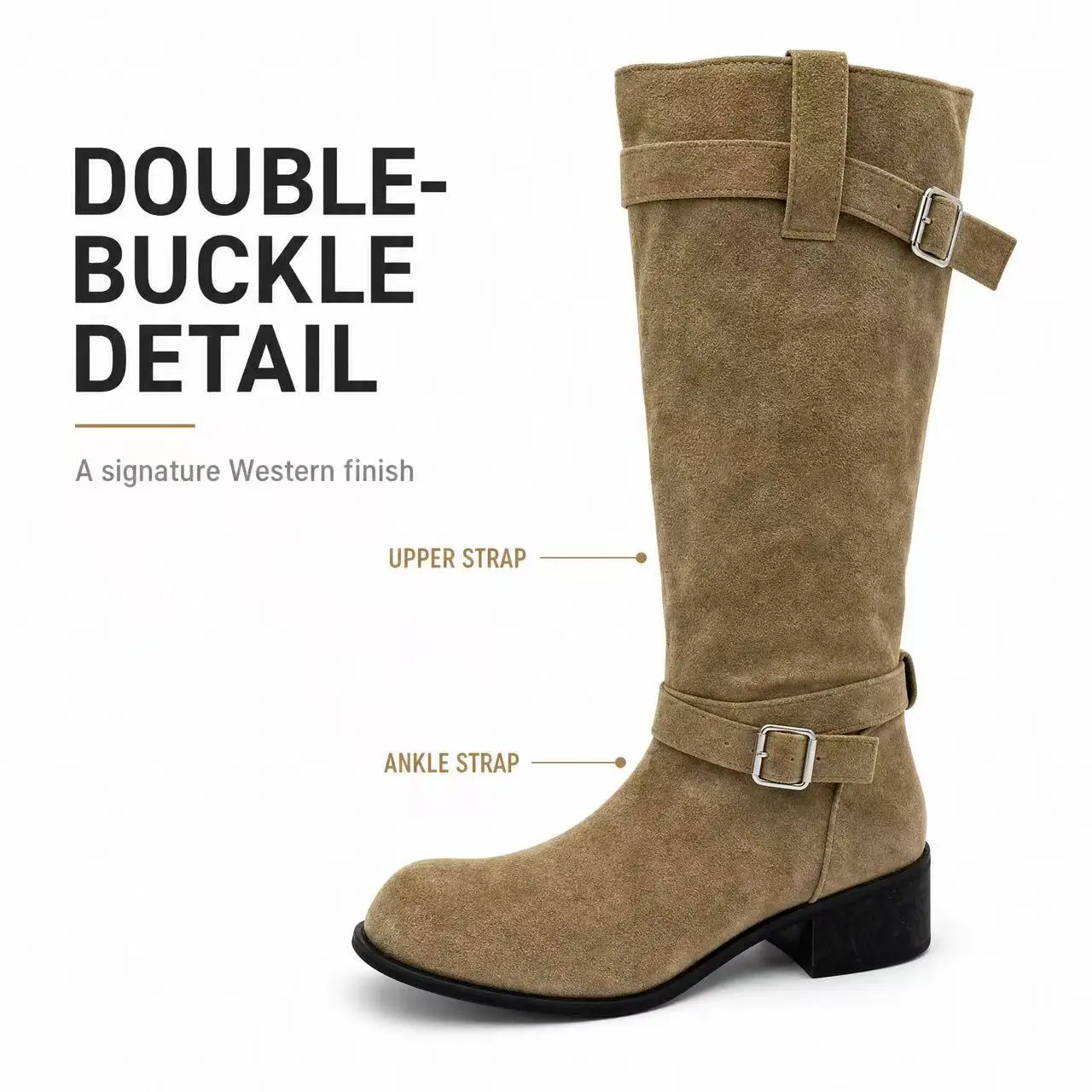 Women Retro Suede Knee High Boots Double Buckle Strap Design Chunky Block Heel Western Style Tall Boots For Autumn Winter