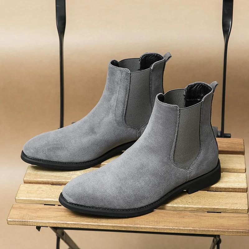 Brand New Men's Comfortable Pointed Suede Short Boots Autumn Men's Classic Gray Breathable Business Casual High Top Boots